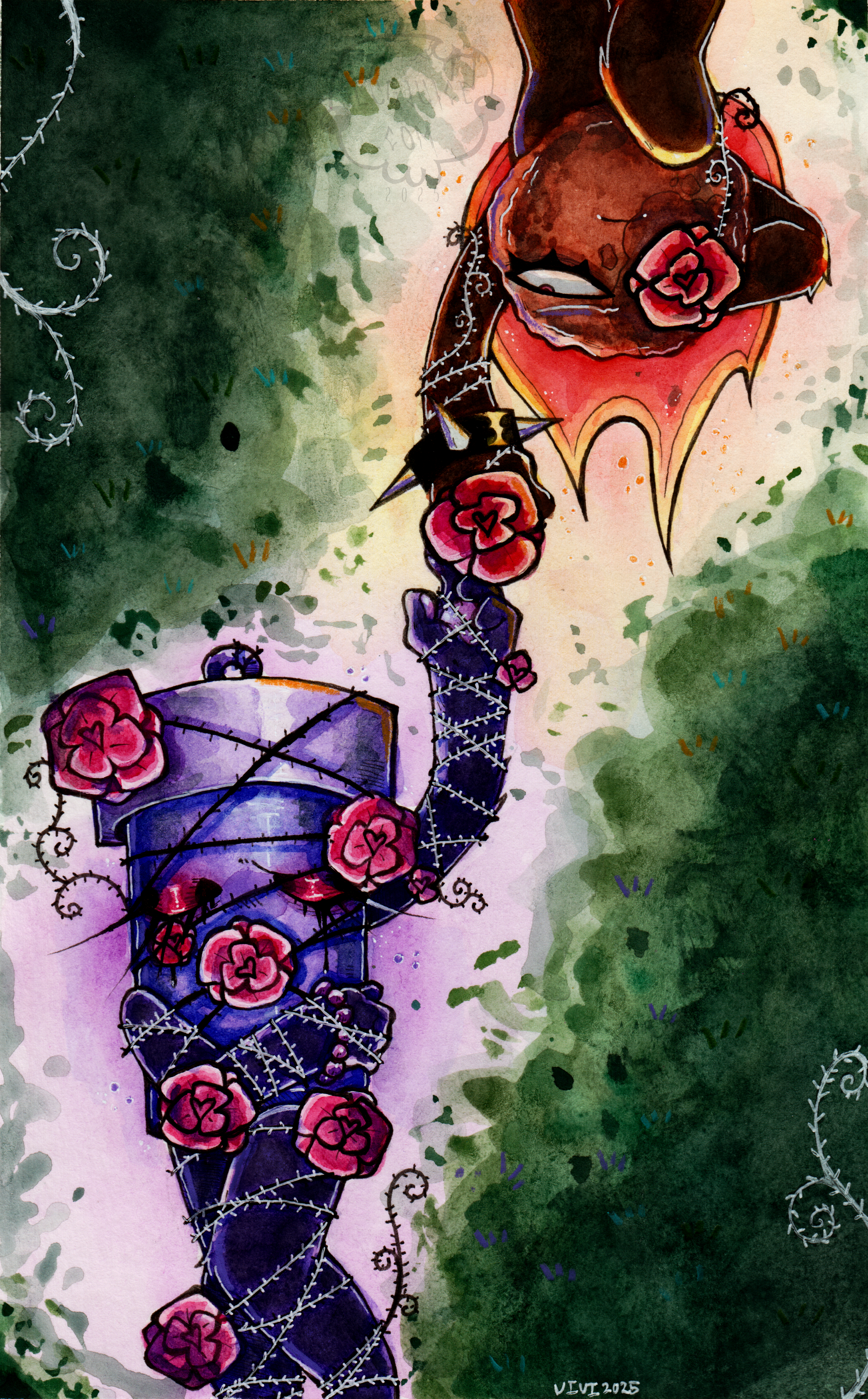 Glowy and Fireball lie in a grassy field. In the bottom left, Glowy hugs herself tightly with her eyes shut, wrapped in thorny rose vines. Roses cover parts of her body, including her mouth. She reaches one hand toward the center, barely touching Fireball’s hand. Fireball, upside-down in the top right, holds out a rose with vines just starting to wrap around her arm. Another rose covers one of her eyes. Glowy looks melancholy; Fireball appears annoyed and emotionally distant.